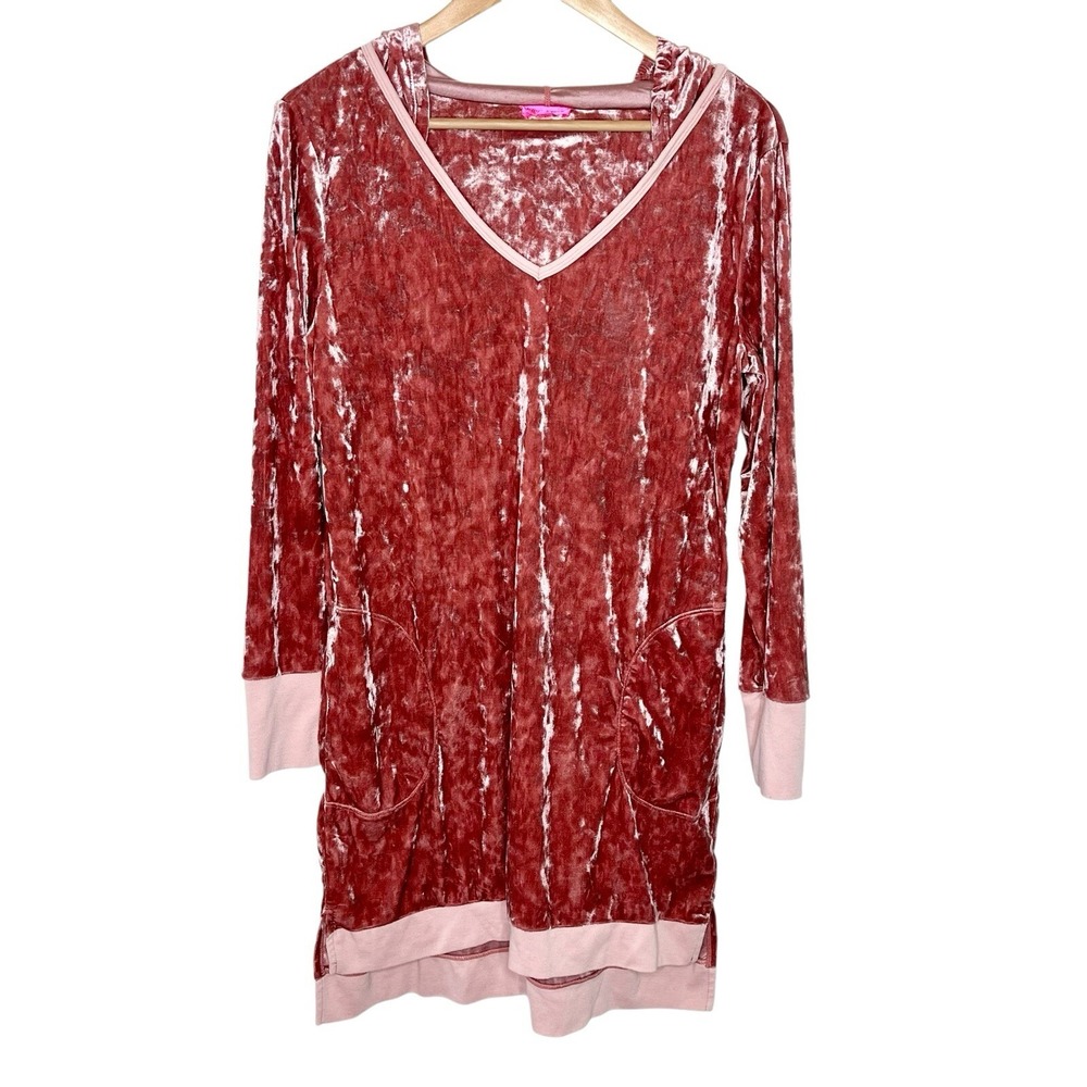 Betsey Johnson Y2K Crushed Velvet Hooded Mini Dress Pink Womens M Tunic Hoodie